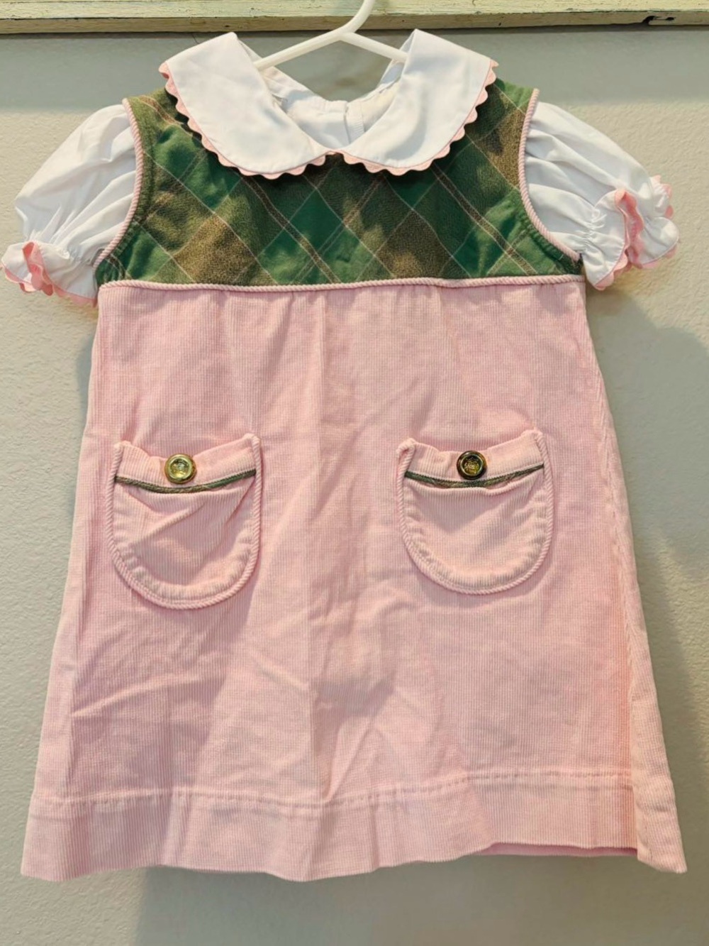 The Beaufort Bonnet Company Pink and Green Corduroy Pinafore Dress